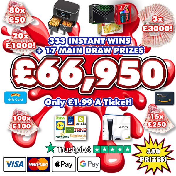 £66,950 MEGA JAMMY INSTANT WIN - 350 PRIZES!