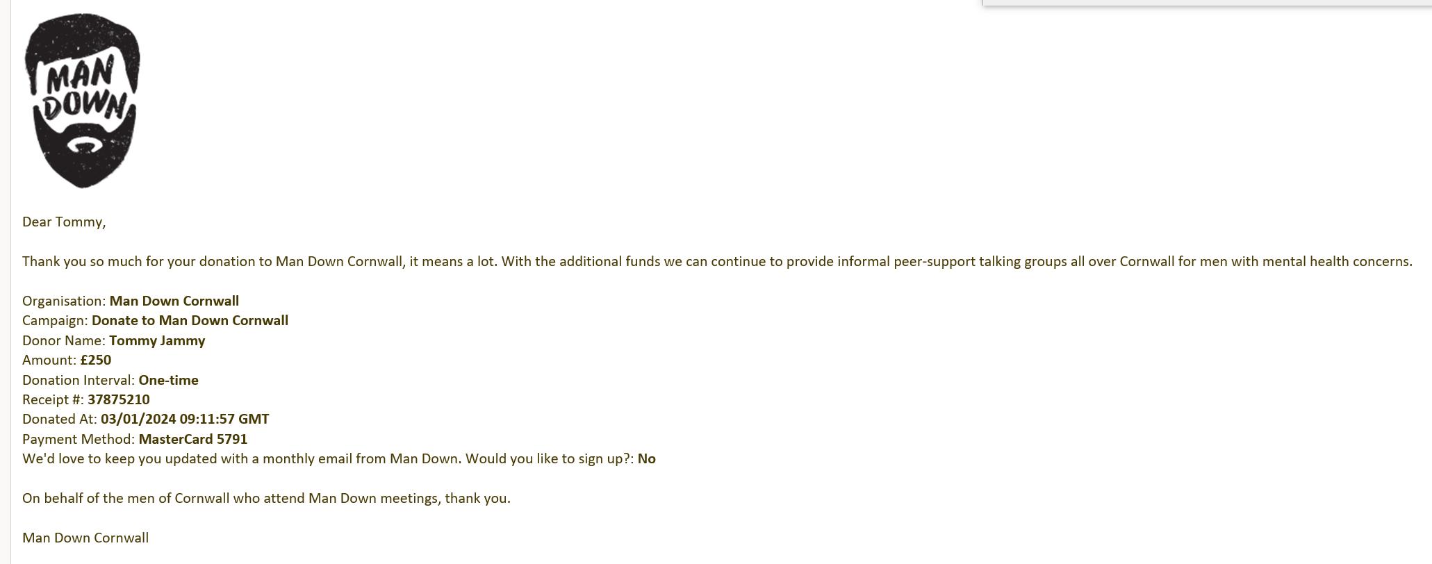 Donation to Man Down