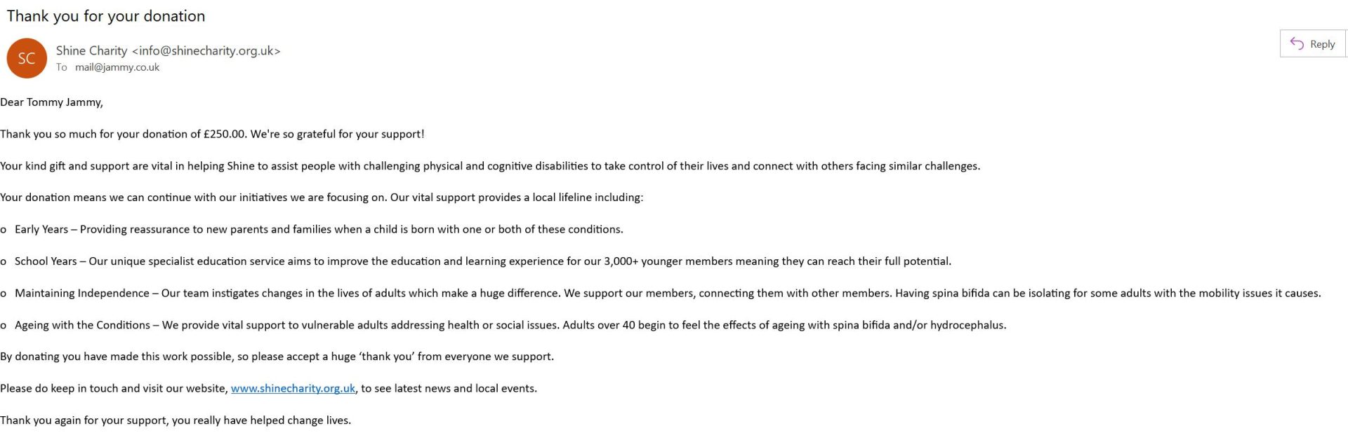 Donation to Shine Charity