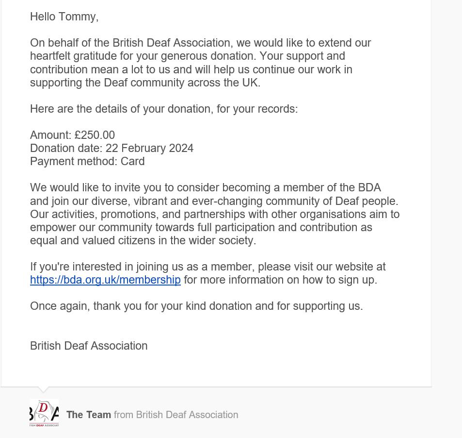 Donation to British Deaf Association