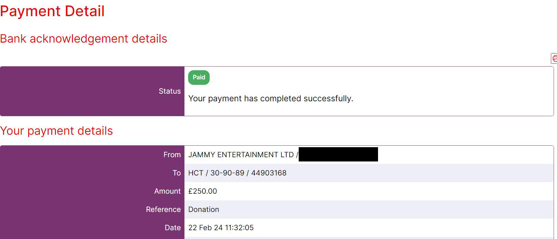 Donation to HCT Wales
