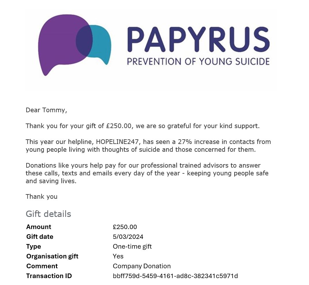 Donation to Papyrus UK