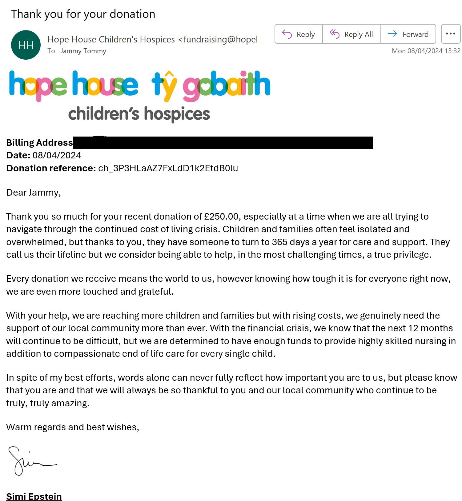 Donation to Hope House Childrens Hospice