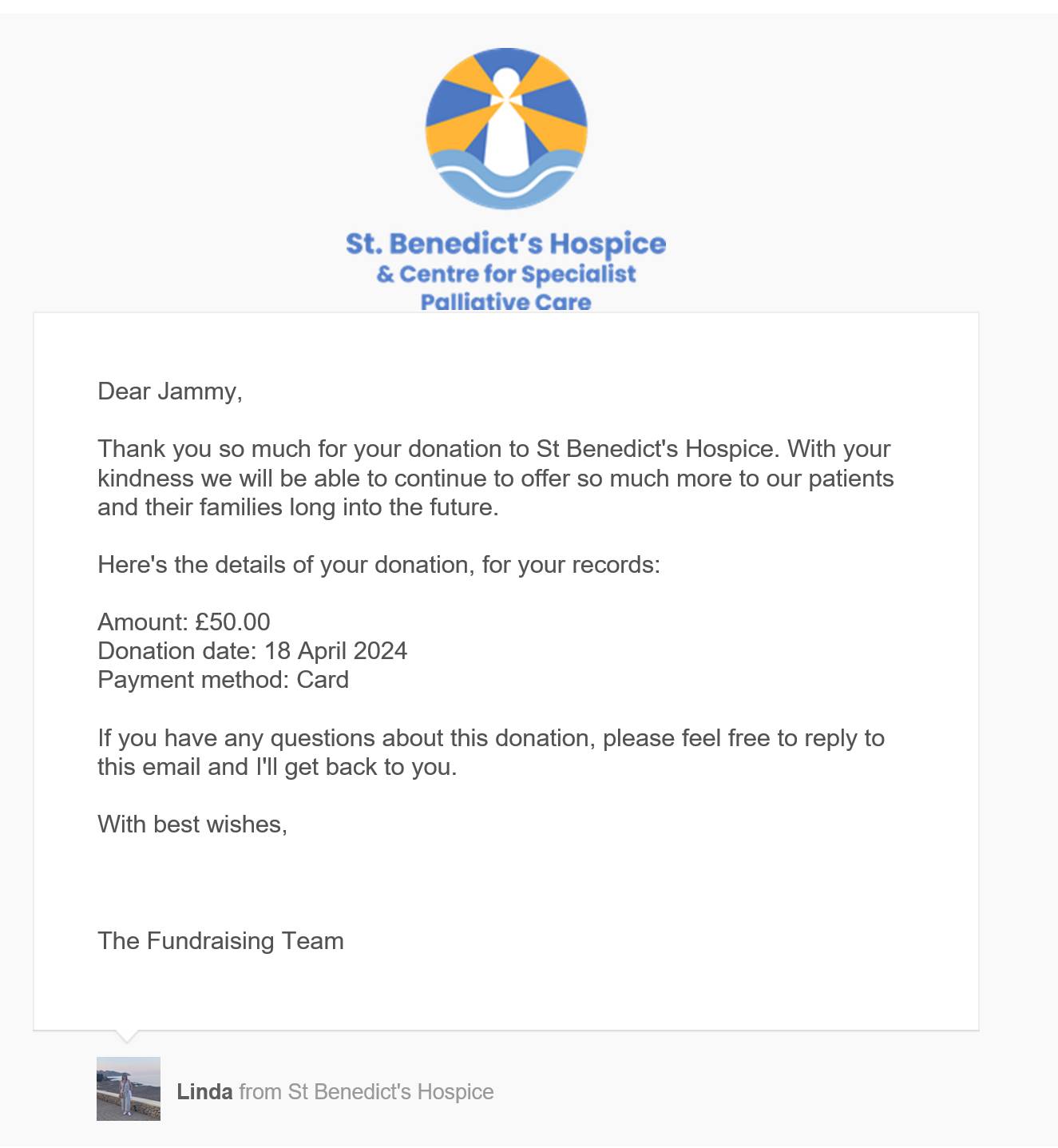 Donation to St. Benedict's Hospice