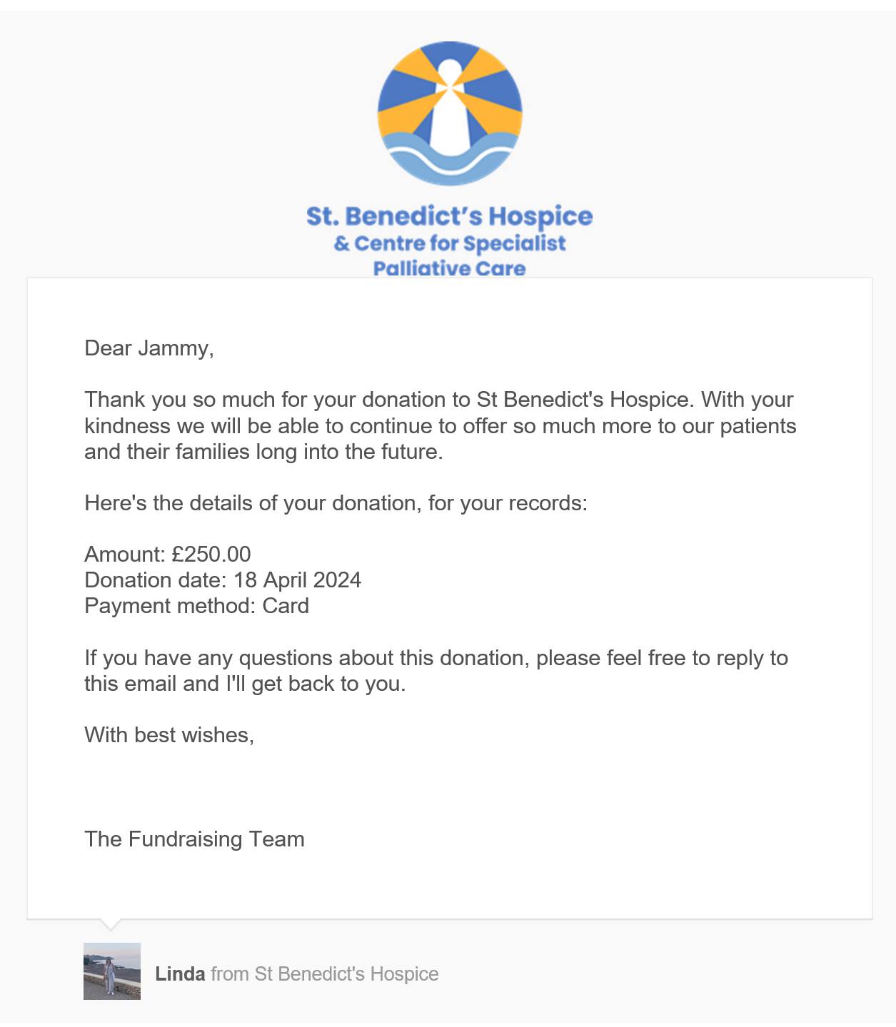 Donation to St. Benedict's Hospice