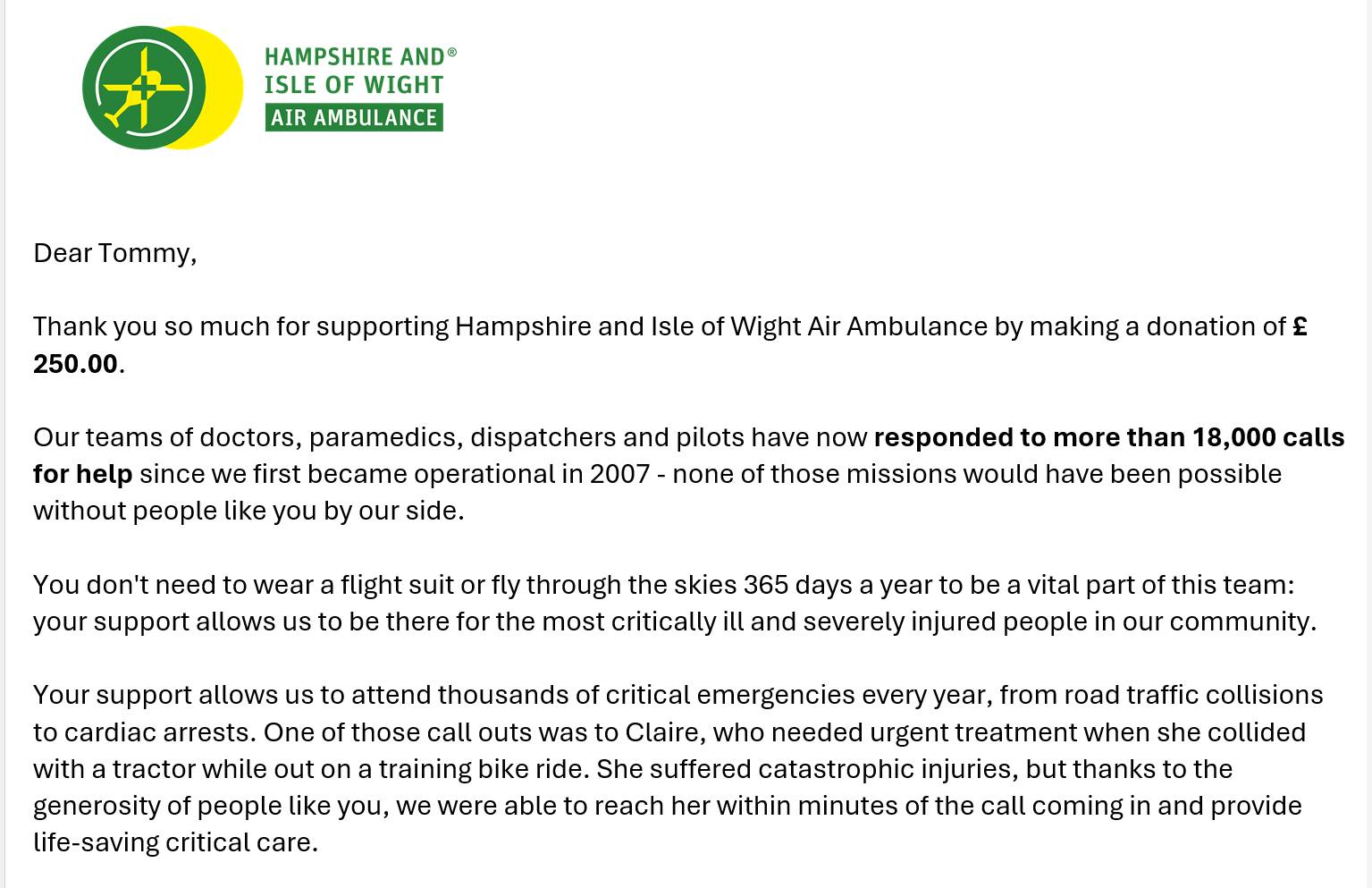 Donation to Hampshire And Isle Of Wight Air Ambulance