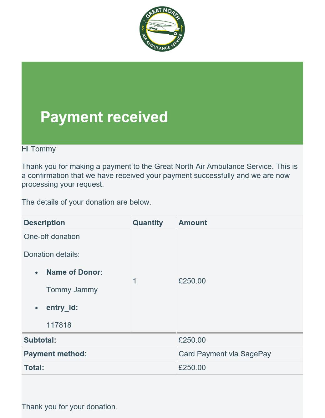 Donation to Great North Air Ambulance Service