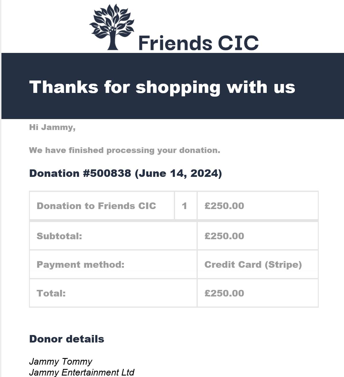 Donation to Friends CIC