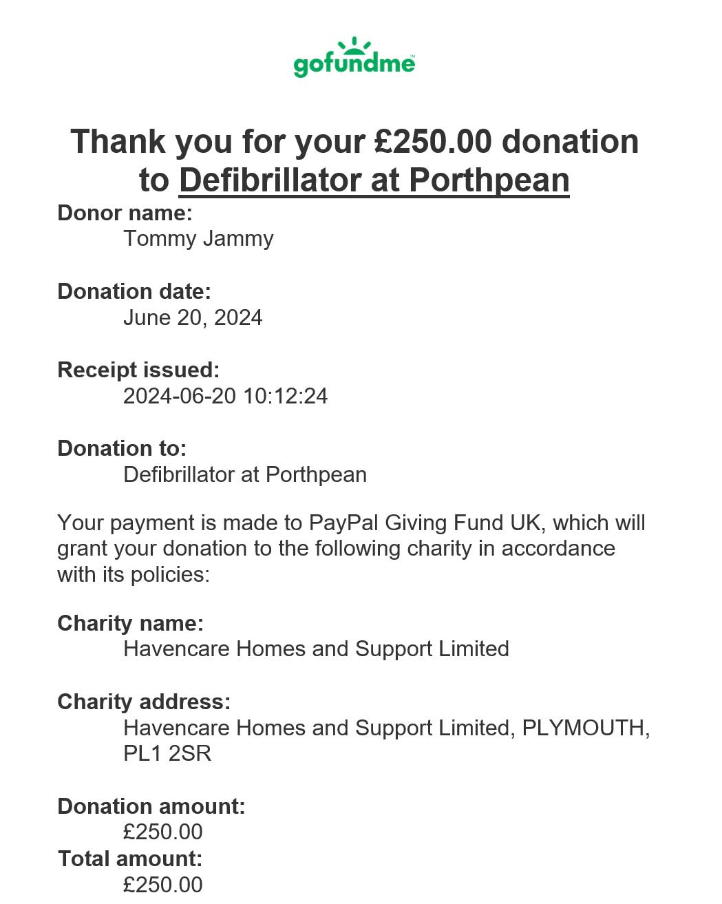 Donation to Havencare, Defibrillator @ Porthpean