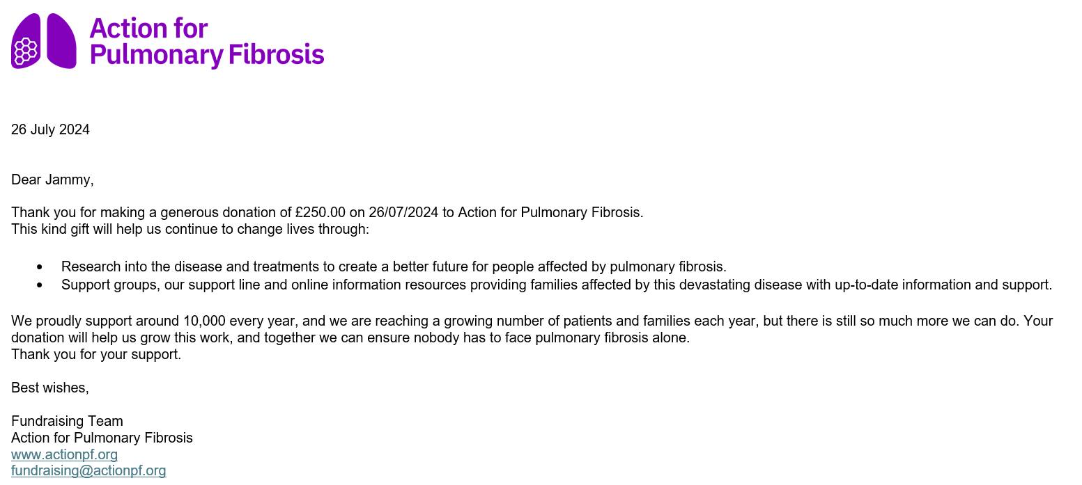 Donation to Action For Pulmonary Fibrosis