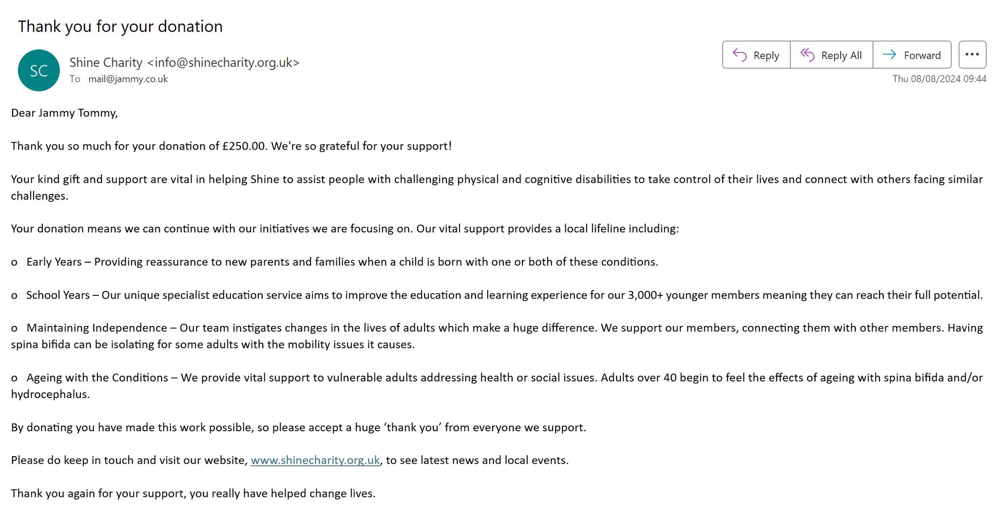 Donation to Shine Charity