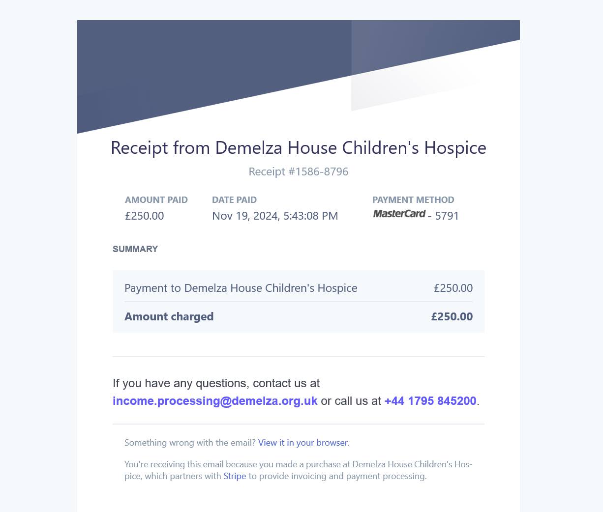 Donation to Demelza House Children's Hospice