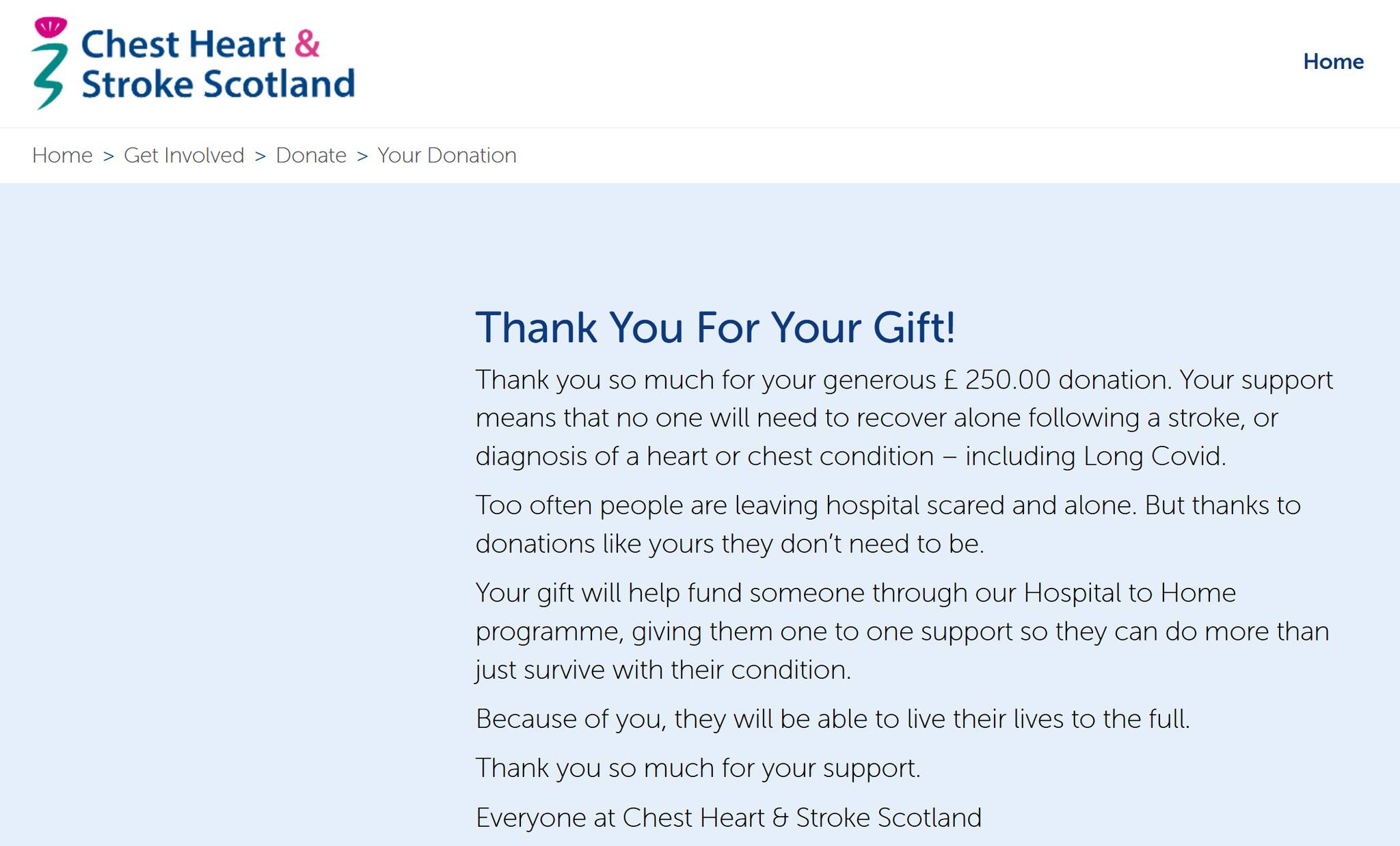 Donation to Chest Heart & Stroke Scotland