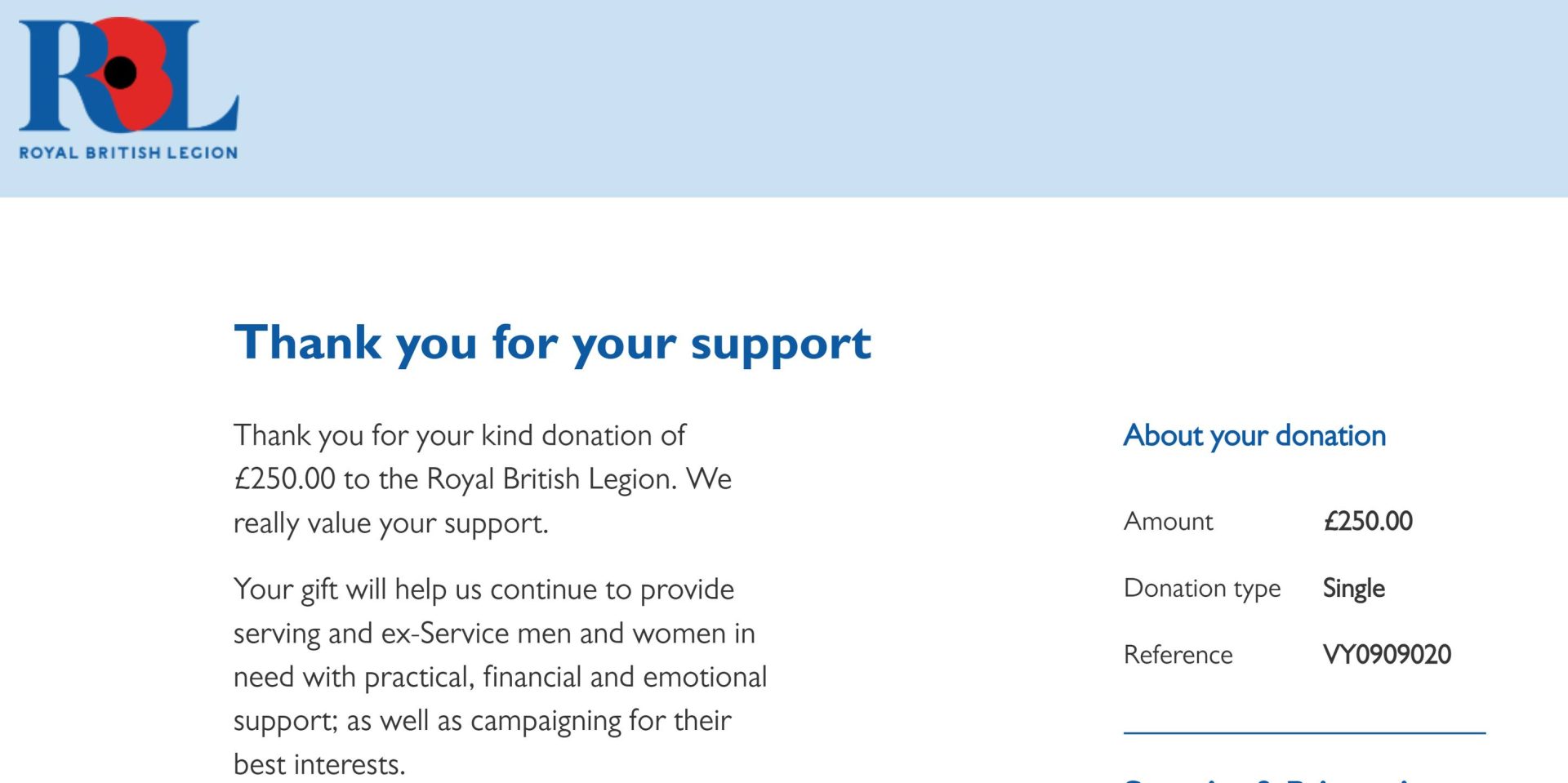 Donation to Royal British Legion