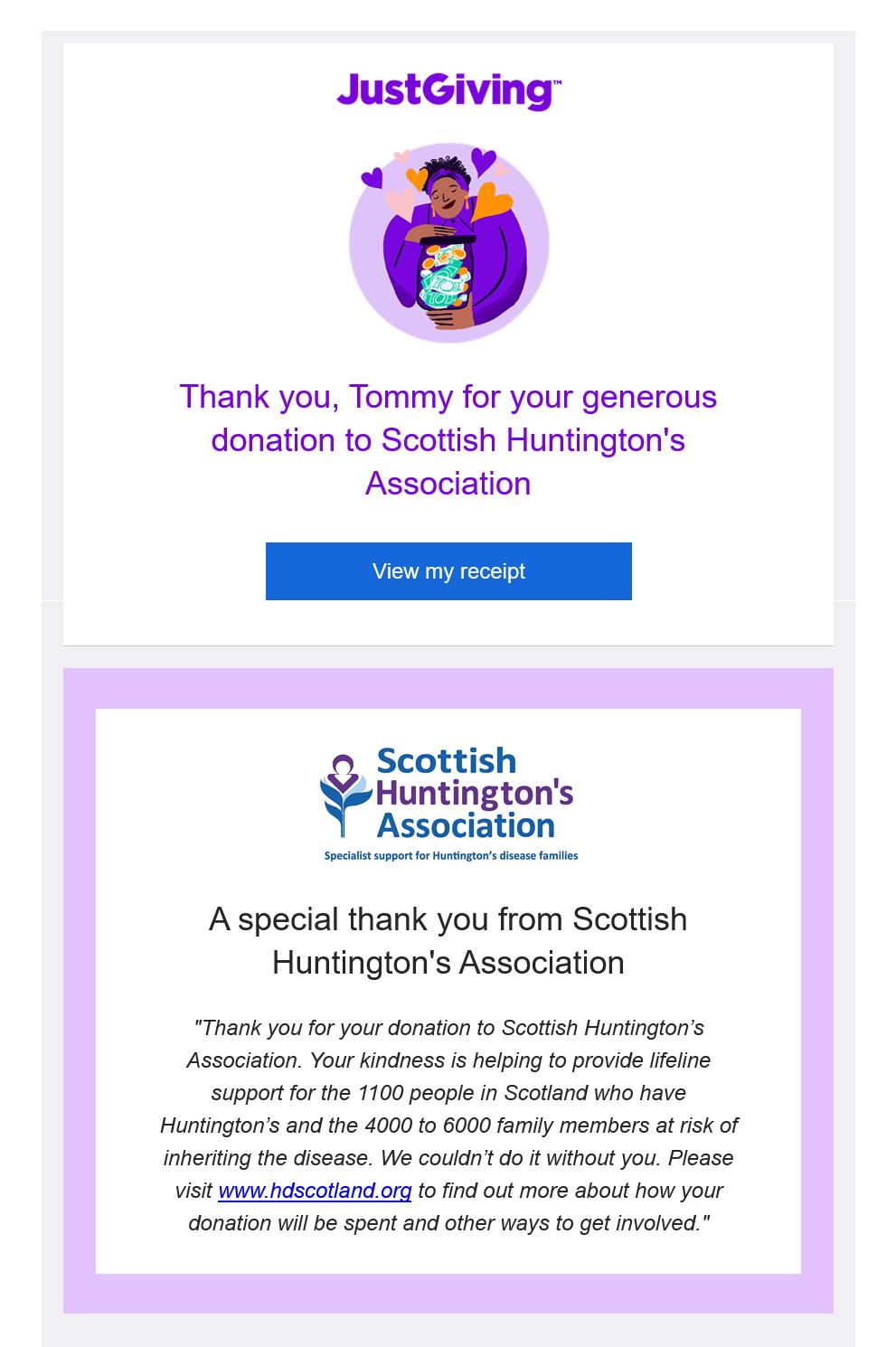 Donation to Scottish Huntington's Association