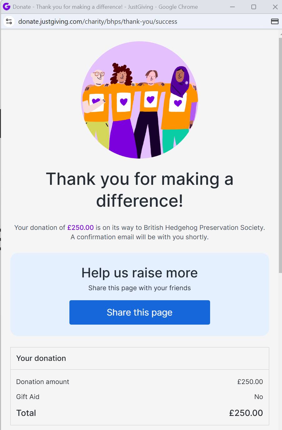 Donation to British Hedgehog Preservation Society