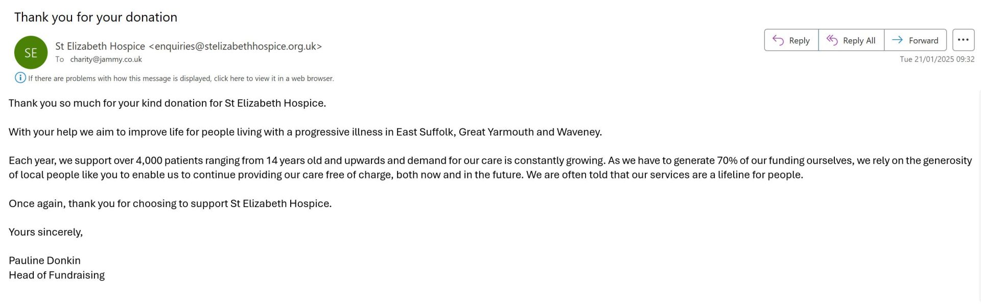 Donation to St Elizabeth Hospice