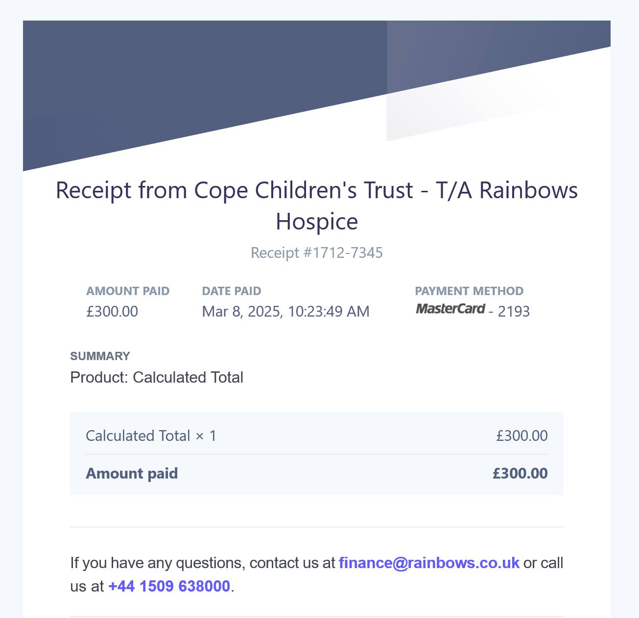 Donation to Rainbows Hospice