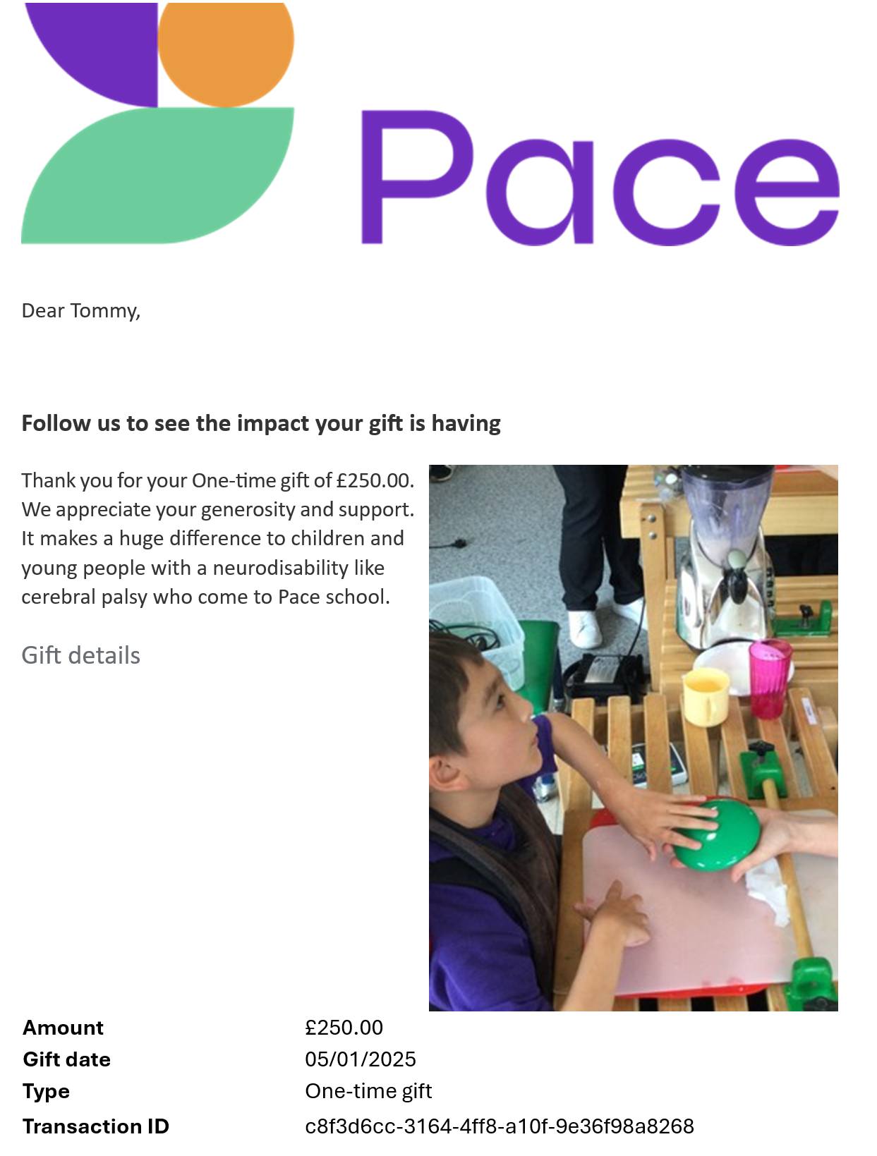 Donation to Pace