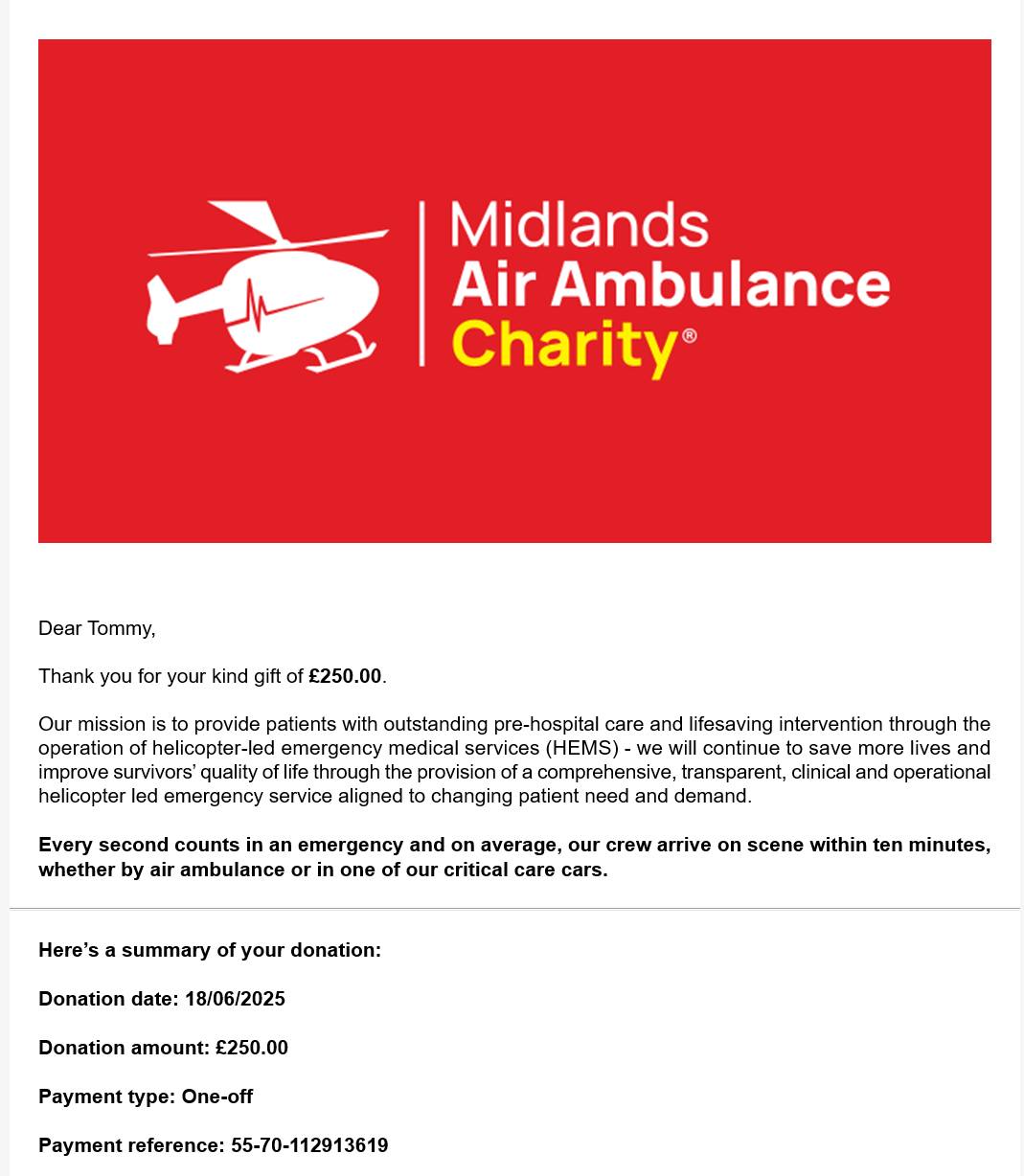 Donation to Midlands Air Ambulance Charity