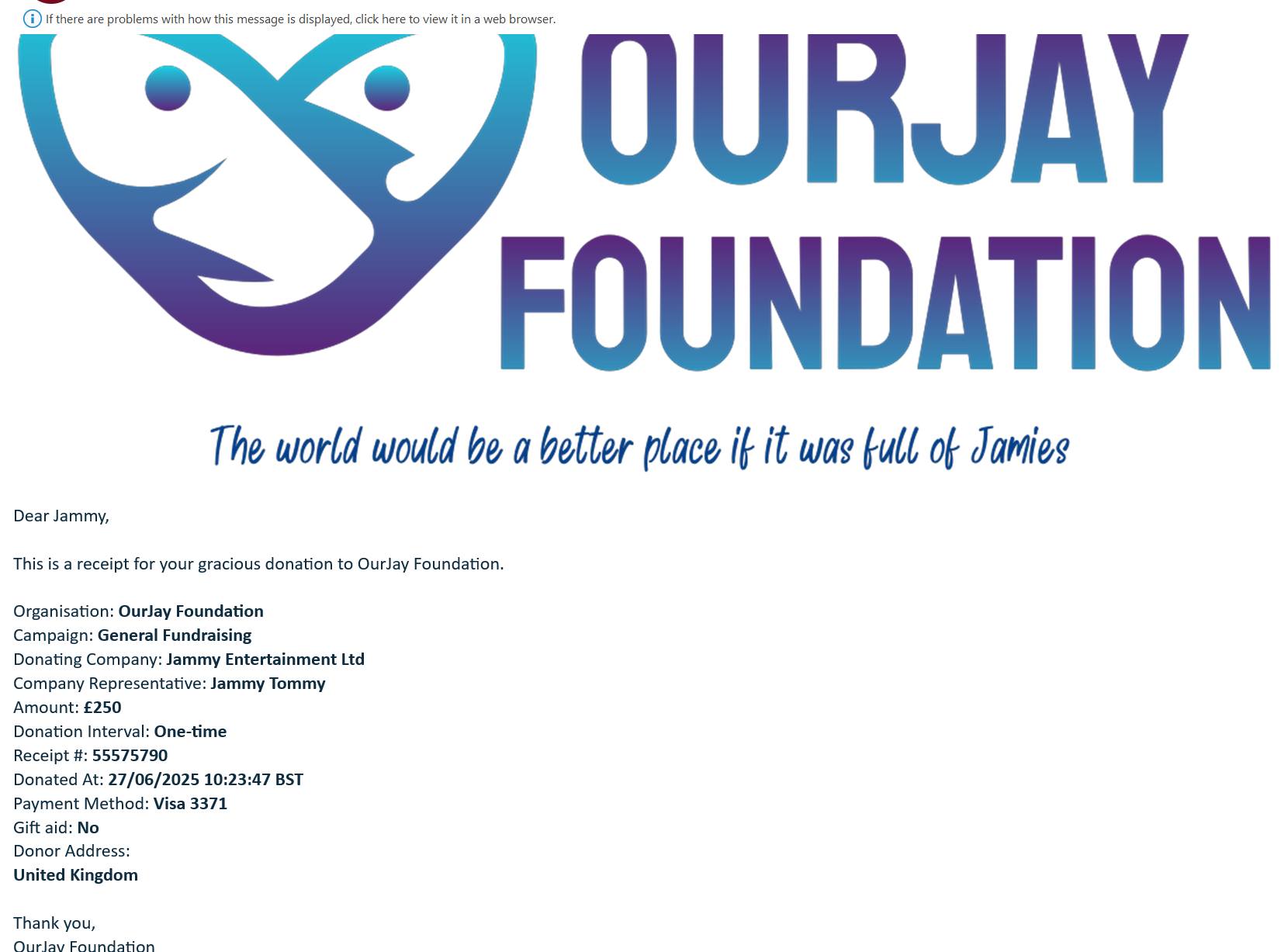 Donation to Our Jay Foundation