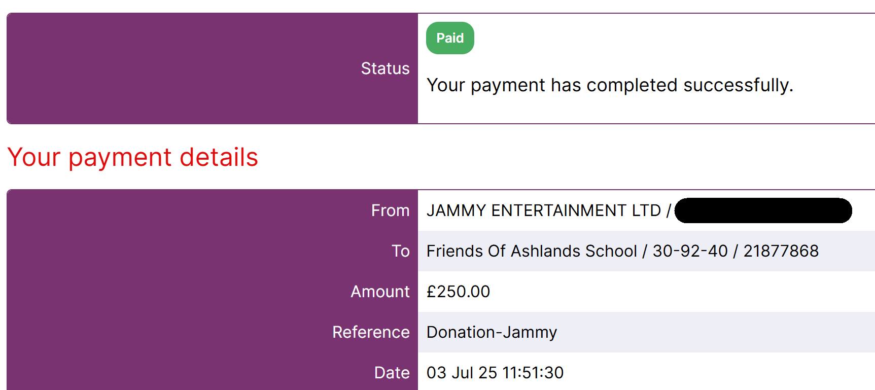 Donation to Friends Of Ashlands School