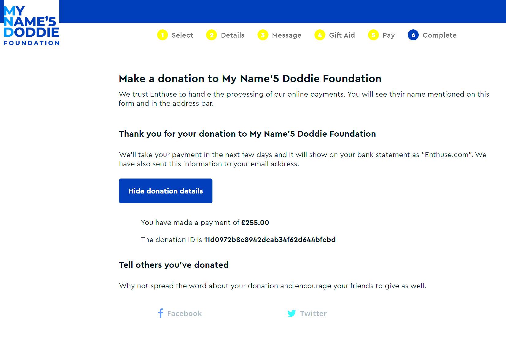 Donation to My Name'5 Doddie Foundation