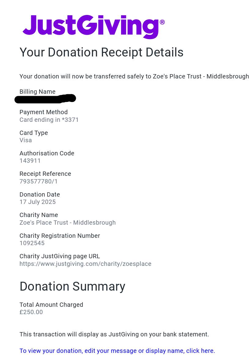 Donation to Zoe's Place Trust