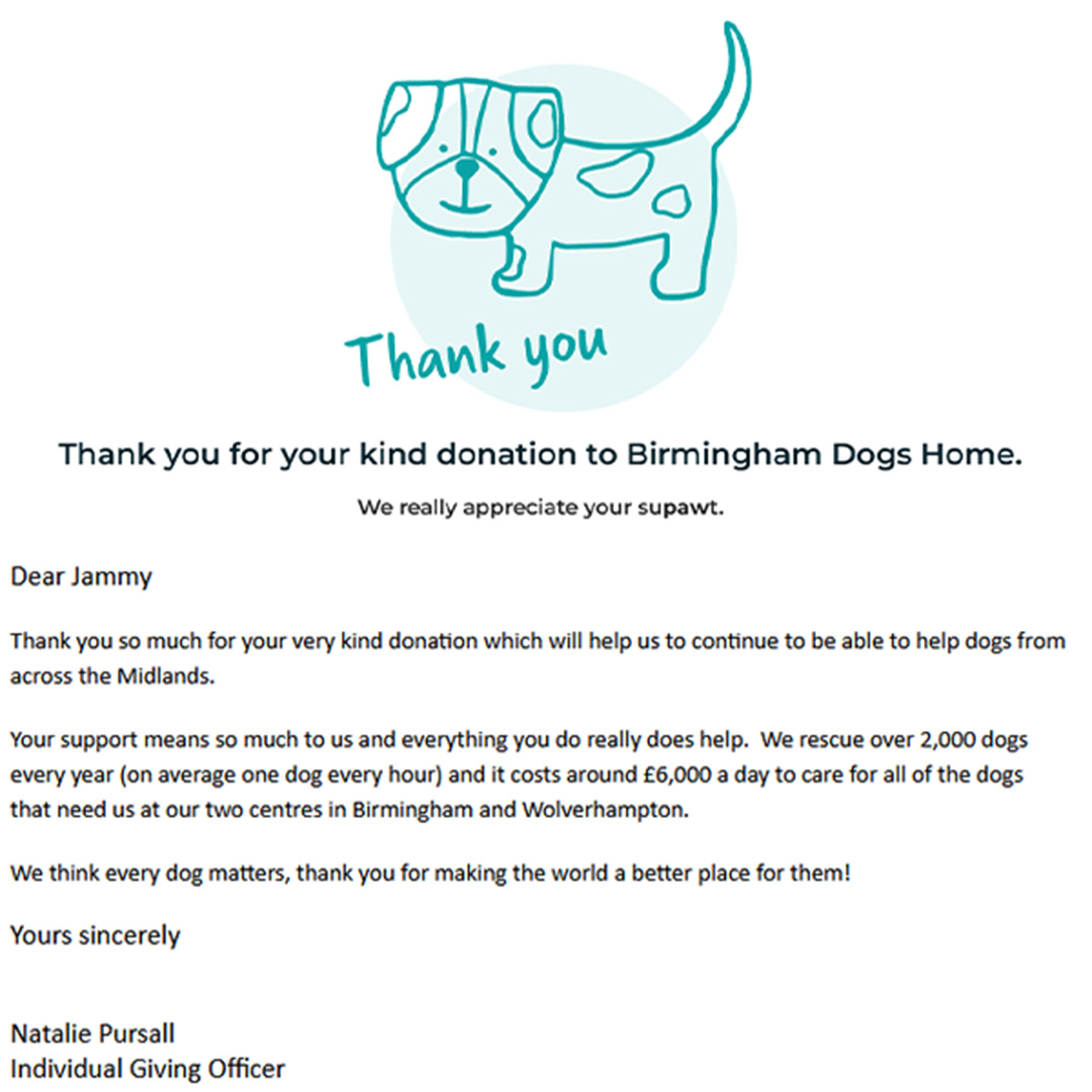 Donation to Birmingham Dogs Home