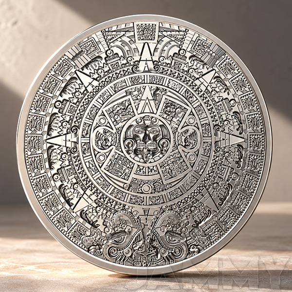 SILVER BULLION 5oz AZTEC SUN STONE ROUND or £350 CASH!
